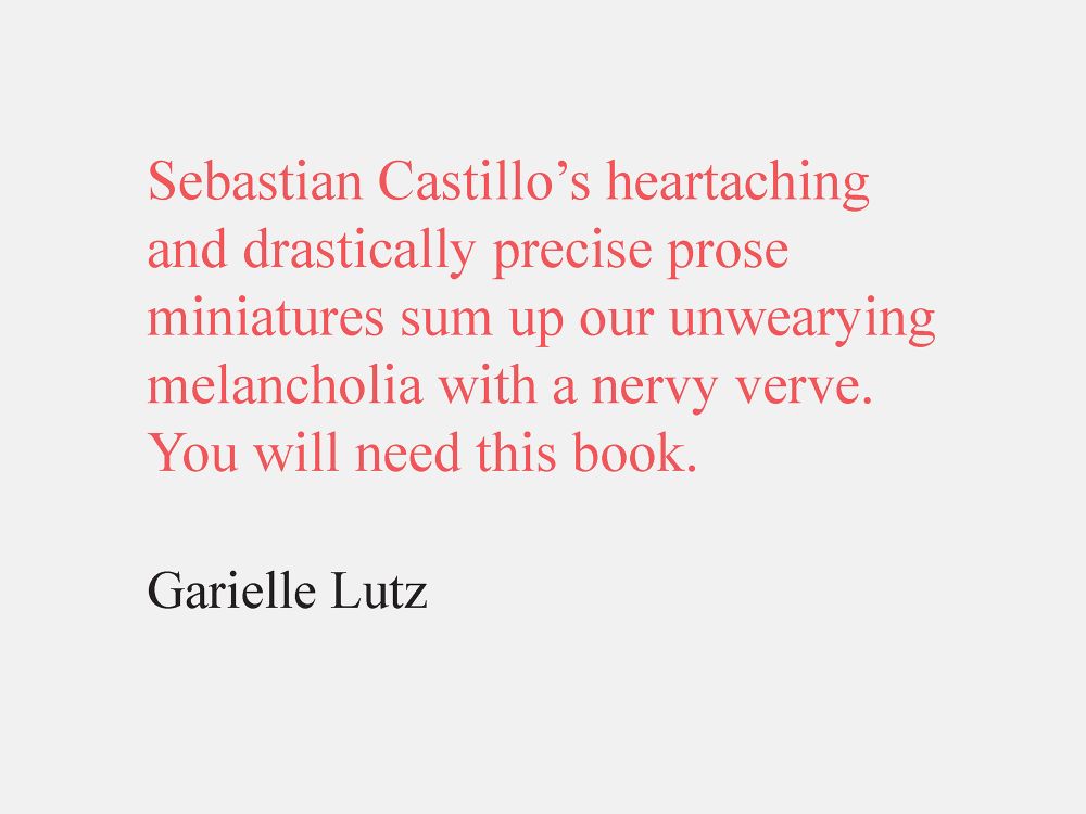 Sebastian Castillo's heartaching and drastically precise prose miniatures sum up our unwearying melancholia with a nervy verve.
You will need this book.
Garielle Lutz