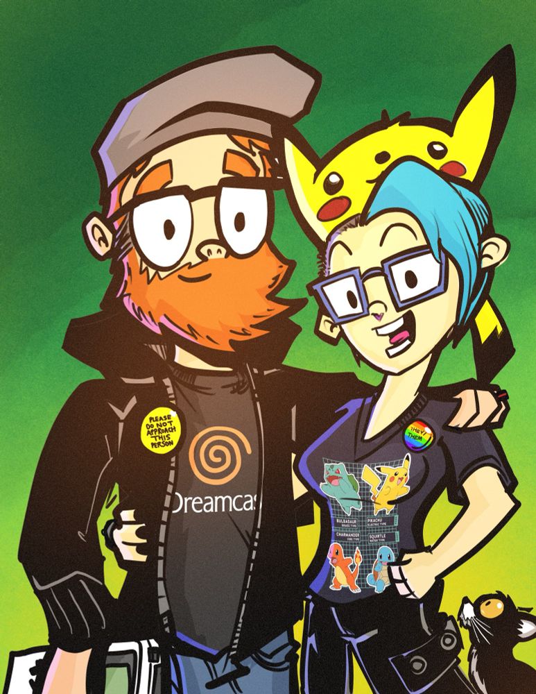 A cartoon-style portrait of Joe Martin, on the left and wearing a black hoodie, blue jeans and a Dreamcast tshirt and newsboy cap. He has orange hair and a beard and glasses. On the right is Daylina Miller, with short blue hair and a side cut, glasses, a pikachu hat, and a Pokémon tshirt with a rainbow they/them badge pinned to it. A tuxedo cat with big yellow eyes is on the right looking up at them. The background is a green gradient. 