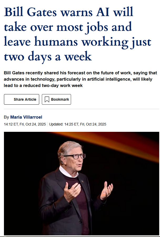 "Bill Gates warns AI will take over most jobs and leave humans working just two days a week"