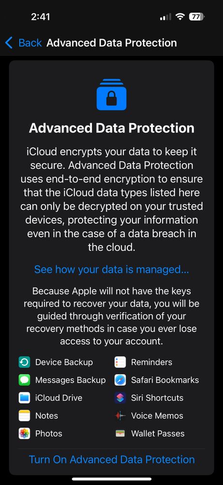 Screenshot of the Advanced Data Protection setup screen