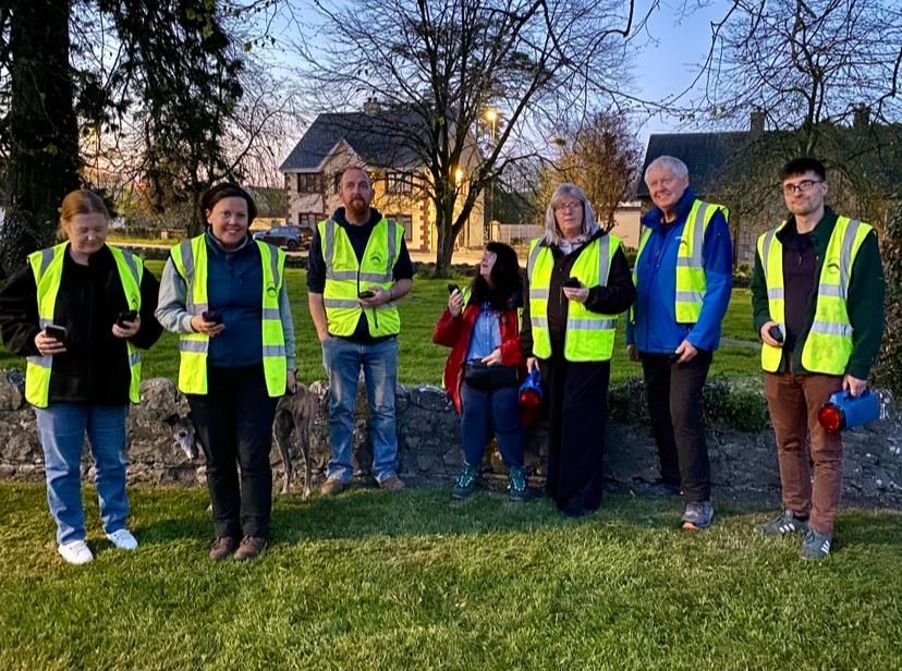 The recently formed Offaly Bat Group - 7 people - 6 wearing hi viz vests - are standing looking keen to get detecting!  