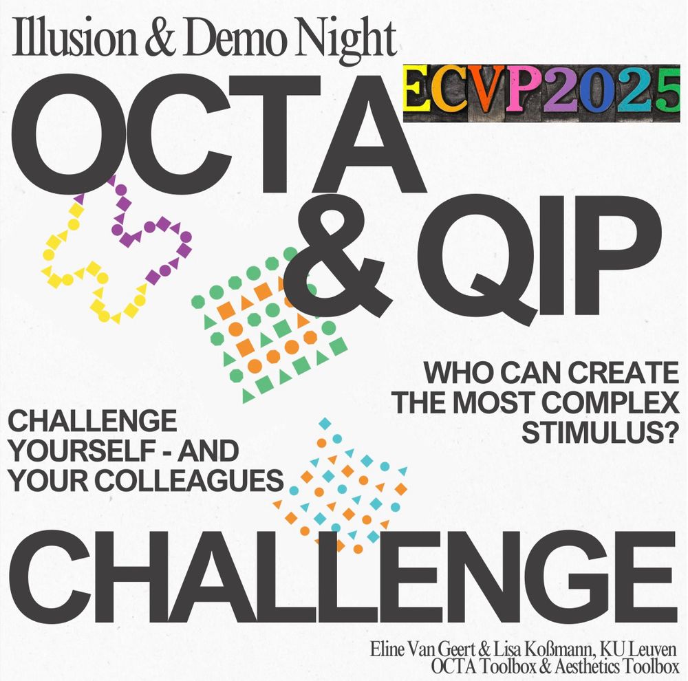 A promotional poster for the demonstration mentioned in the post, titled the OCTA and QIP Challenge. The poster features some text and three stimuli created work OCTA of varying arrangements of squares, circles and triangles in grids and a butterfly shape.