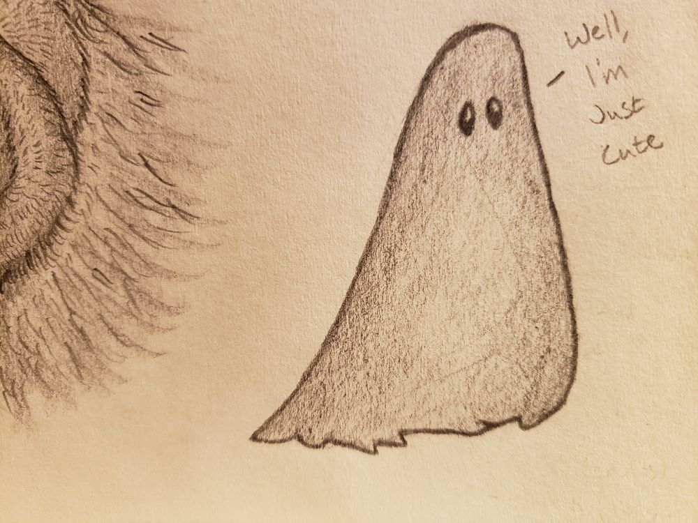 Just a sketch of a cute little ghost. Says "Well, I'm just cute"