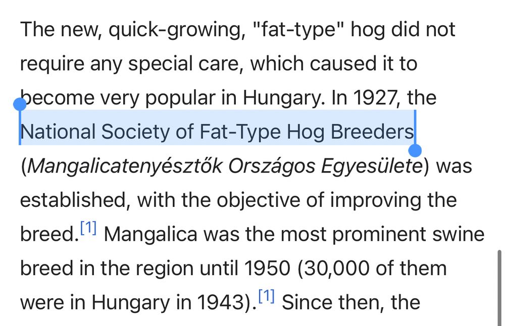 The new, quick-growing, "fat-type" hog did not require any special care, which caused it to become very popular in Hungary. In 1927, the ***National Society of Fat-Type Hog Breeders*** (Mangalicatenyésztők Országos Egyesülete) was established, with the objective of improving the breed.[1] Mangalica was the most prominent swine breed in the region until 1950 (30,000 of them were in Hungary in 1943).