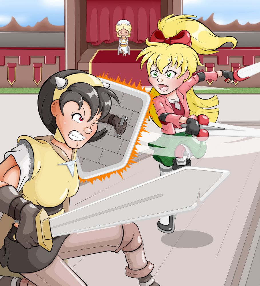 Scene artwork of Rose Marie and Maisie in their first duel. 

Maisie is a Tiran, which is a human sub-species with larger than average heads, eyes and feet, while having a comparatively shorter body. She has very long, blond hair, with part of it being tied in a high ponytail. As a martial artist and a schoolgirl, both elements which are represented in her outfit. She wears a red jacket, a green plated skirt and a white tie. She also wears several pieces of red body armor, covering her elbows, knees and chest area. She has long striped stockings, wide black boots and gloves of a similar color. Finally, she wields two swords, one of which has a ribbon-like hilt, similar to the one she wears in her hair.  

Rose Marie is an Alteran human with both Drakanian and demonic origins. As such, she is naturally built tall and broad, with a muscular physique. She has black hair, combed into a single stroke to the left shoulder, and on her head she has two small horns. Rose Marie prefers practical clothing, consisting of a yellow tunic over a chain mail vest. She wears strong leather boots and gloves, and a yellow cape that is clipped on by a brooch in the shape of wolf's head. Her pants are a lighter brown, and she wears a black skirt that hangs lower on the right side. She wields a simple sword and shield of a golden design.

The duel takes placed on a platform, in a square surrounded by a mostly wooden wall. Within, a larger seat has been erected for the host to watch the fight. Said host is Sey Di, a young demigoddess with tanned skin, blond hair and a white outfit. She is depicted as a chibi, and shown to be anxious. In the background, mountains can be seen.

Rose Marie, Maisie and Sey Di are primary protagonists of the Symphony saga, being main characters of the fourth and final book.