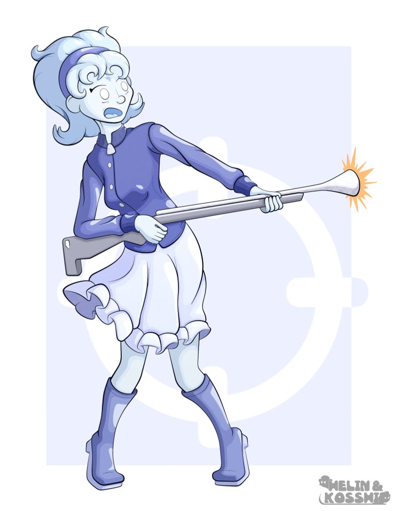 Full-body artwork featuring Dawn, the Ghost Hunter.

Dawn is the ghost of an Alteran human. Her skin and hair are deadly pale, and she does not have any white in her eyes. She has short and messy hair, the result of having died at a time where she had not kempt it. She also has a scar on her forehead, which resulted from the bullet that killed her.

Dawn was killed during a night where she snuck out of her room. As a result, she is still wearing a nightgown underneath a simple blue bodywarmer. Her hair is kept backwards through a headband, and she wears short blue boots. Dawn wields a hunting rifle, but is shown misfiring it.

Dawn is a major character in our Symphony saga, being a primary protagonist of the second book.
