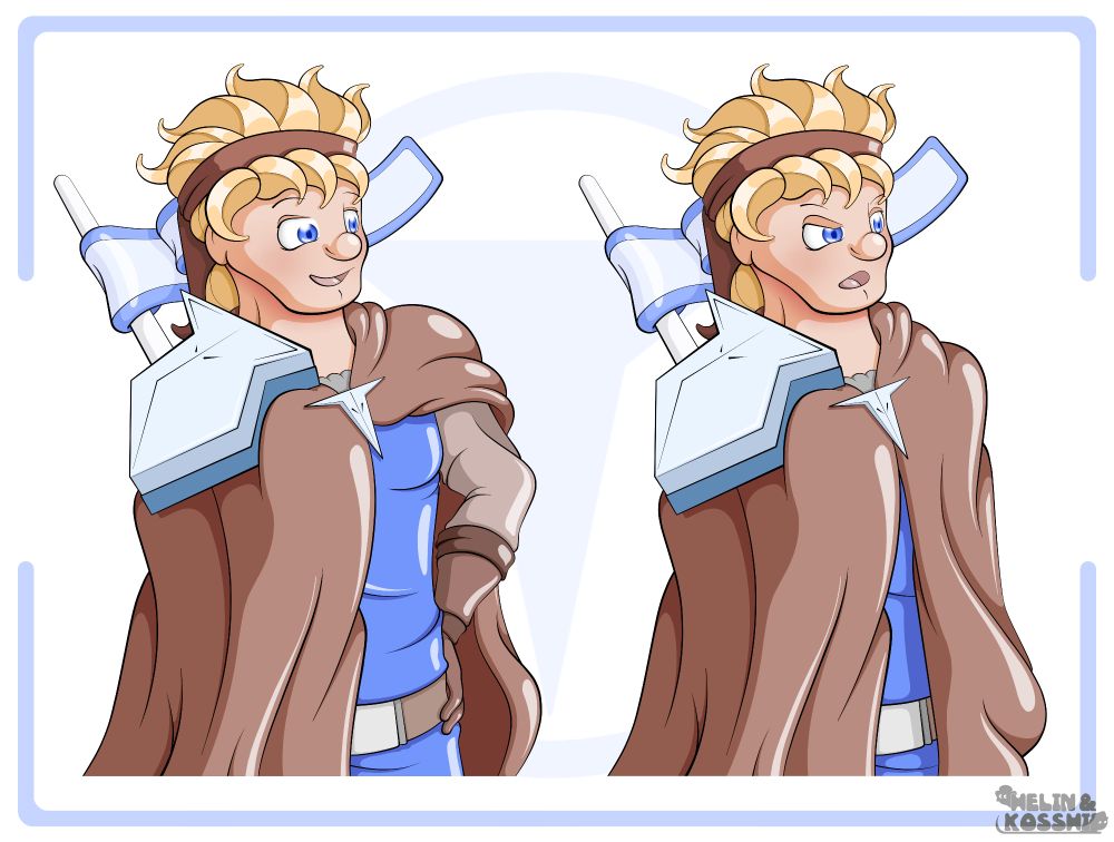 Speech portrait featuring Ethan, the Leader of the Pack.

Ethan is an Alteran human with Drakanian origins. As such, he is naturally built tall and broad, with a wide chin, large nose and strong muscles. Just like many of his countrymen, he has blonde hair, which is tied in a short ponytail. 

Ethan is dressed in practical garb. He wears a blue hauberk over chain mail, kept together by a brown belt and overlaid with a brown cloak. He wears leather gloves, and a brown headband. Behind him, a small flag can be seen sticking out, strapped to his back. On his right shoulder, he wields a large pauldron in the shape of a wolf's head. In the left portrait, he is shown smiling with his hand on his hip, revealing his gear underneath the cloak. In the right portrait, he is more sceptical and lets the cloak drop.

Ethan is a major character in our Symphony saga, being featured as the primary protagonist of the first and third book.

https://toyhou.se/21706570.ethan