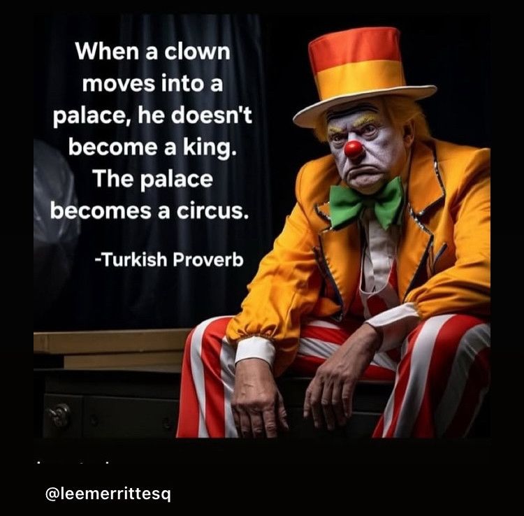 Meme with Trump is n a clownish suit frowning bigly. Text: "When a clown moves into a palace, he doesn't become a king. The palace becomes a circus. - Turkish Proverb @leemerrittesq