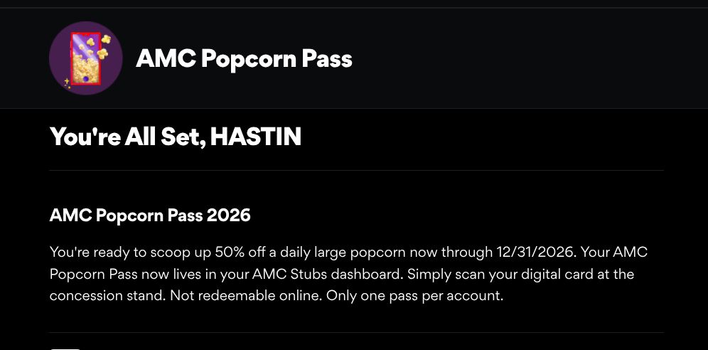 AMC Popcorn Pass 2026 - 50% off large popcorn through 2026