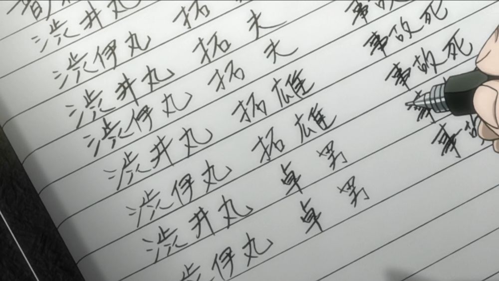 from death note ep 1: an open page of the death note, with various possible kanji combinations of "shibuimaru takuo - car accident" listed down the page