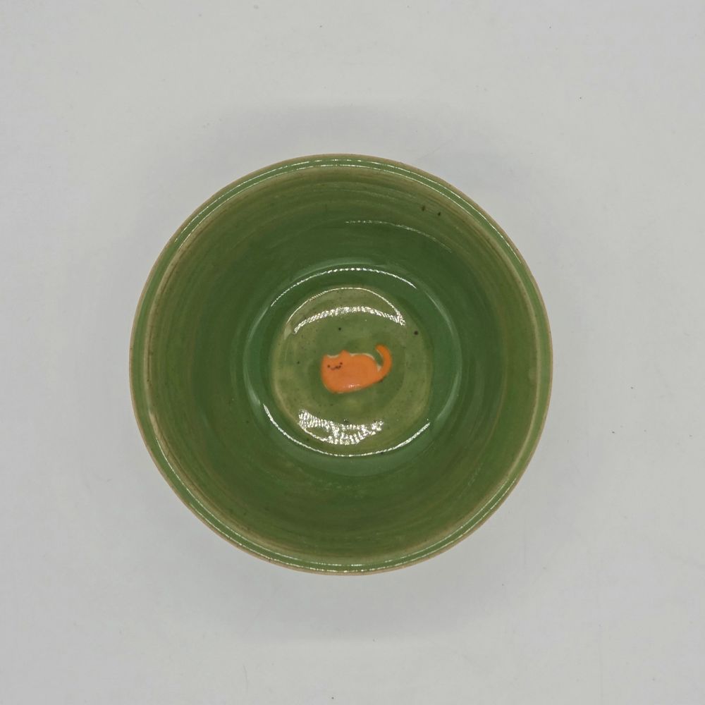 An overhead shot of a green bowl with an orange blob in the middle 