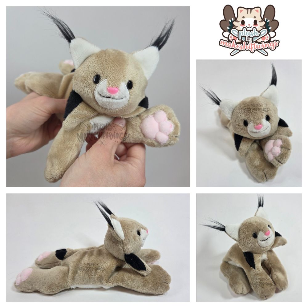 A collage of pictures of a lynx beanie style plush. He has safety eyes and nose, big pink puffy paw pads, and faux fur ear tufts.