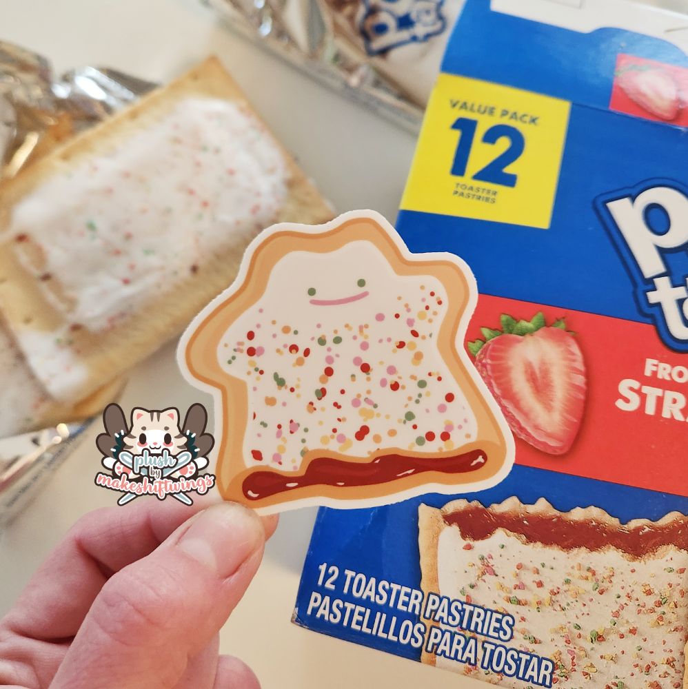 A sticker of a ditto that looks like a strawberry poptart