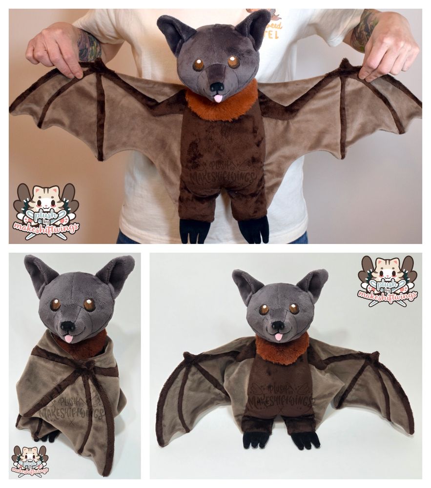 A collage of a large, chibi plush of a grey headed flying fox bat