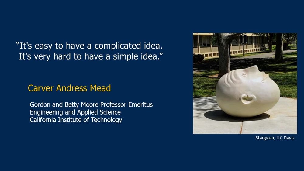 A slide is shown that includes an egghead sculpture with a slight grin on its face as it stares at the sky.  The sculpture is called Stargazer and is located at the University of California at Davis.  