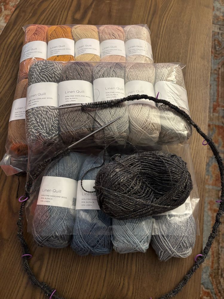 A new cast on knitting project, just one setup row complete. It’s sitting on top of the mini bundle yarn for the rest of the project — a bundle I couldn’t resist from Purl Soho. 