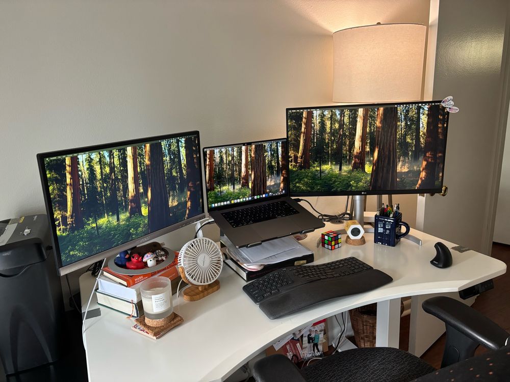 My work station: A white desk with a Logitech ergonomic keyboard, my laptop, one display on either side, a Rubik’s cube, timer, tardis mug of pens, candle, fan, and little work buddies (rubber ducks, ceramic mushroom and turtle, and smiley poo character). 
