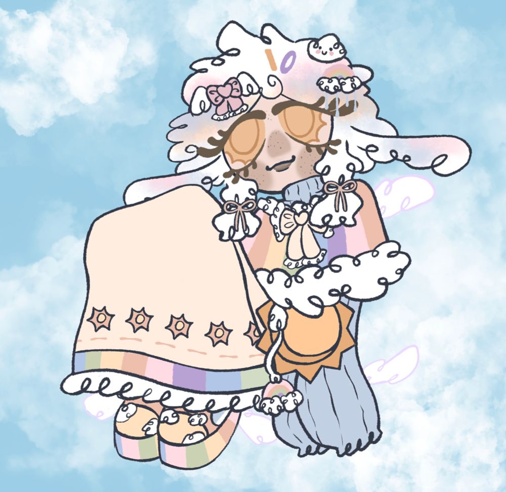 blue background with white clouds. in the foreground is a chibi character with their legs pulled up to the chest and their arms leaning behind them. they have short white fluffy hair with pigtails framing the face and wings extending from the sides, big eyes with suns for irises, a small smile, and tan skin with brown blush and freckles. in their hair is many colorful and fun hair accesories. theyre wearing a light blue long sleeve turtleneck that covers the hands, a rainbow poncho with a big pink bow, a long yellow skirt with a rainbow trim with a sun pattern along it, and big rainbow print rainboots. they also have a shoulder bag that looks like the sun, with a rainbow charm hanging off the side. the shoes have small fluffy white wings, they have a fluffy white tail, and matching fluffy white wings at the back.