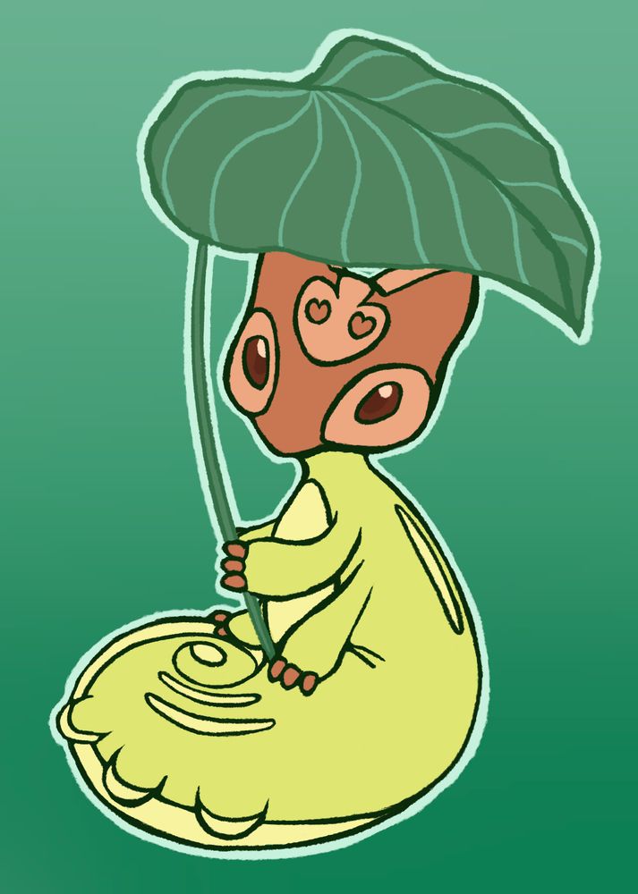 small green caterpillar-like creature with a brown head and cat-like ears. they are sitting with their tail spiraled around them, and two of their arms resting on the tail. two more arms are holding up a green leaf over their head. 