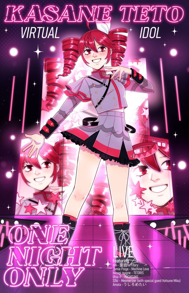 digital drawing of virtual idol teto kasane. she's standing on a magenta/redd-ish stage with large screens behind her with close ups of her. she's making an idol pose. the graphics read "kasane teto, virtual idol, one night only" the color scheme is red and dark pink.