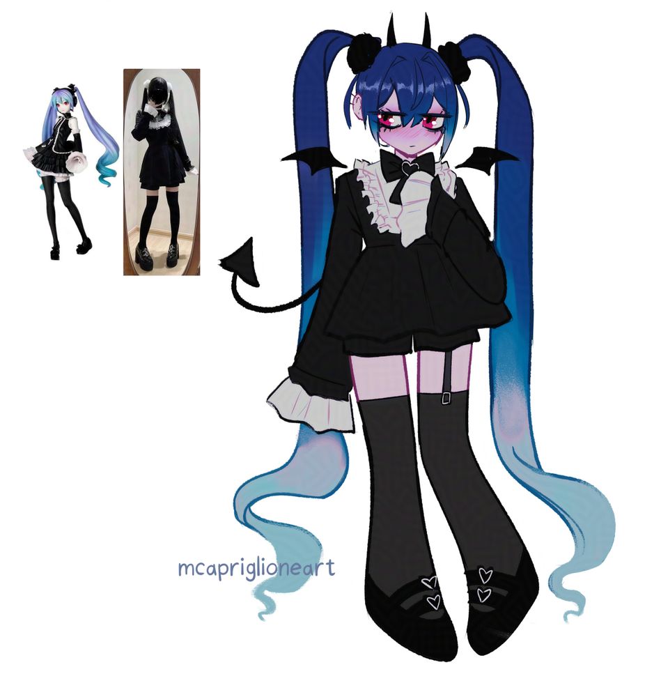 digital drawing of a cartoonized infinity hatsune miku wearing a black longsleeve dark jirai kei coord with shorts, white frill collar and sleeves with thigh high stockings and black shoes. 