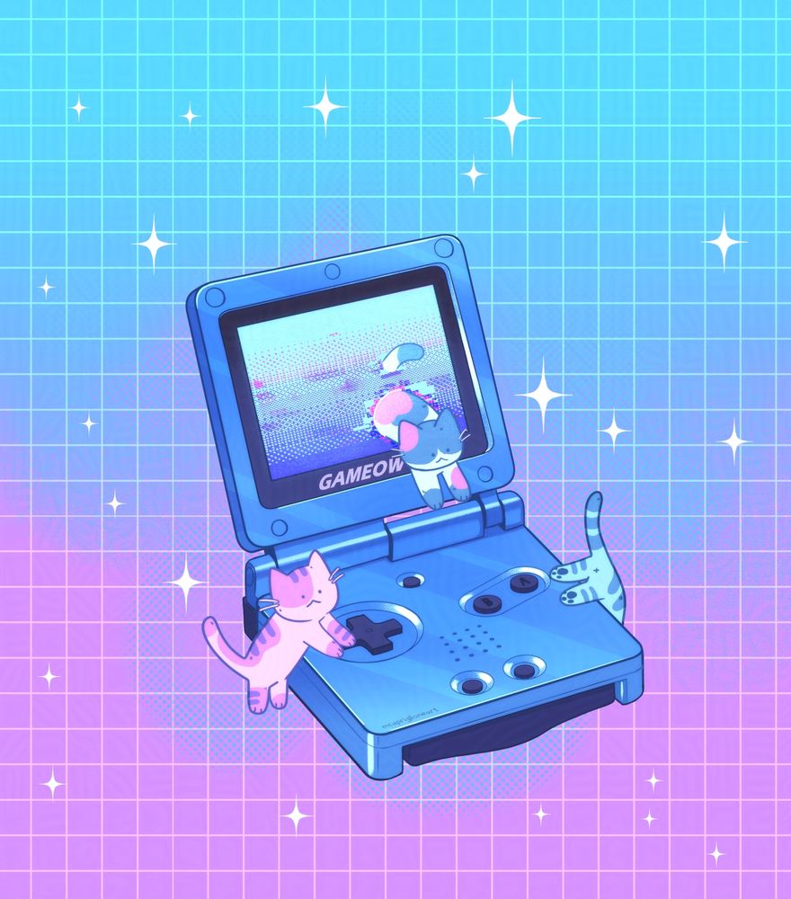 Digital drawing of a blue Nintendo game boy with three cats around it. One is climbing up to the directional arrows, one is falling over the side with its butt in the air, and one is appearing out of the screen, causing it to glitch and pixelate