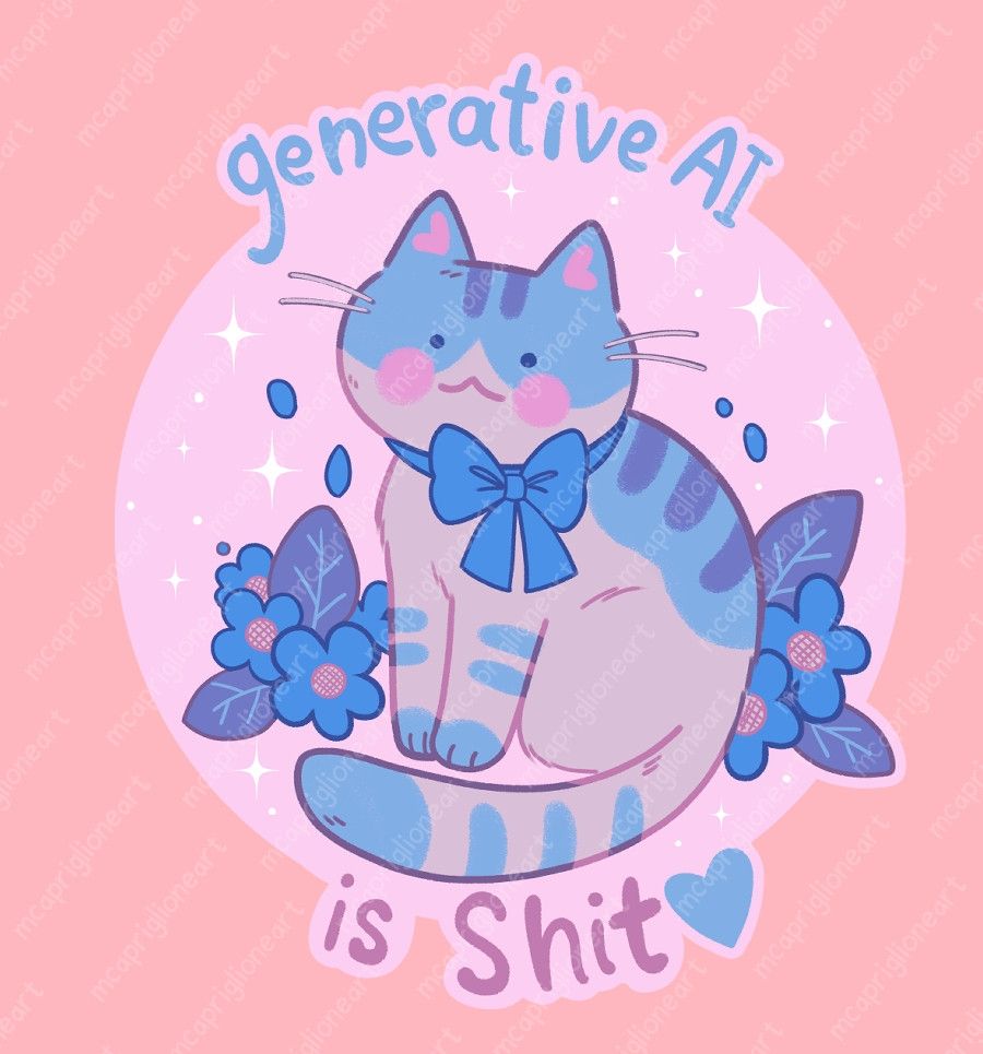 Sticker preview of a blue spotted and striped cat wearing a blue bow and sitting next to some blue flowers. The caption reads "generative AI is shit"