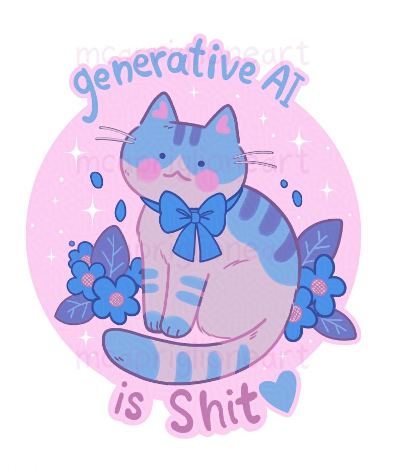 sticker preview of a cartoon cat sitting with some blue cartoonish flowers. the text reads "generative ai is shit". the coloring of the cat is white spotted tabby in the colors of muted purple, cornflower blue, and violet stripes. it's wearing a blue bow and is surrounded by sparkles. 