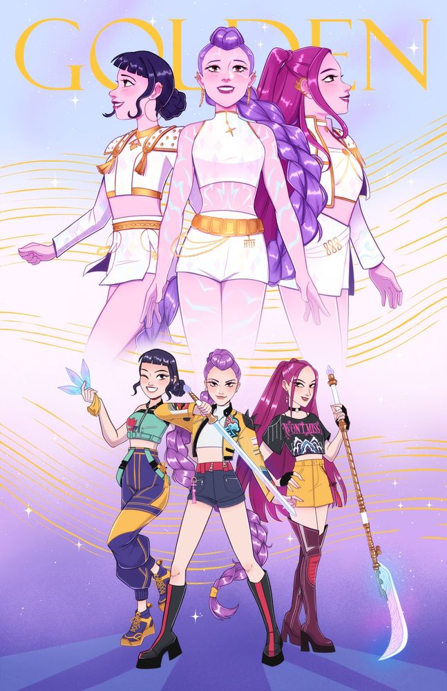 digital drawing of the kpop group "huntrix" from kpop demon hunters with their "golden" outfits at the top and their regular outfits below. behind them is the word "GOLDEN" in gold color with a gold honmoon motif behind them