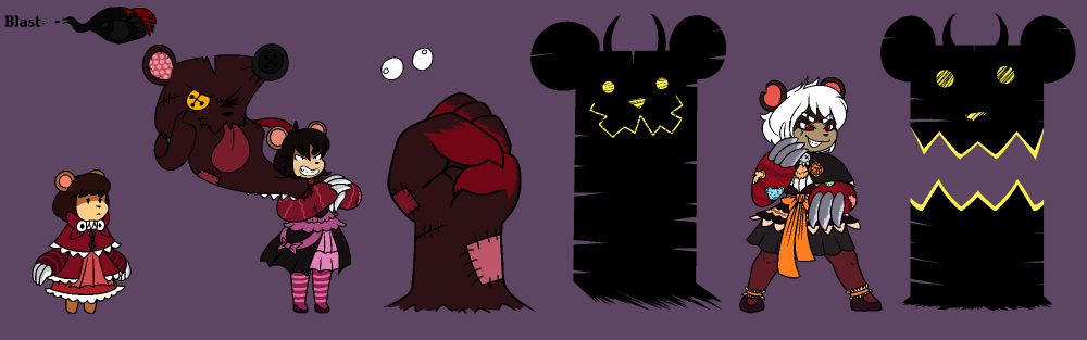 A Small Bear that gets larger, then gains white hair, her clothing changes to something more Halloween themed. Her partner is a small bow, then her cowl, and then her shadow.