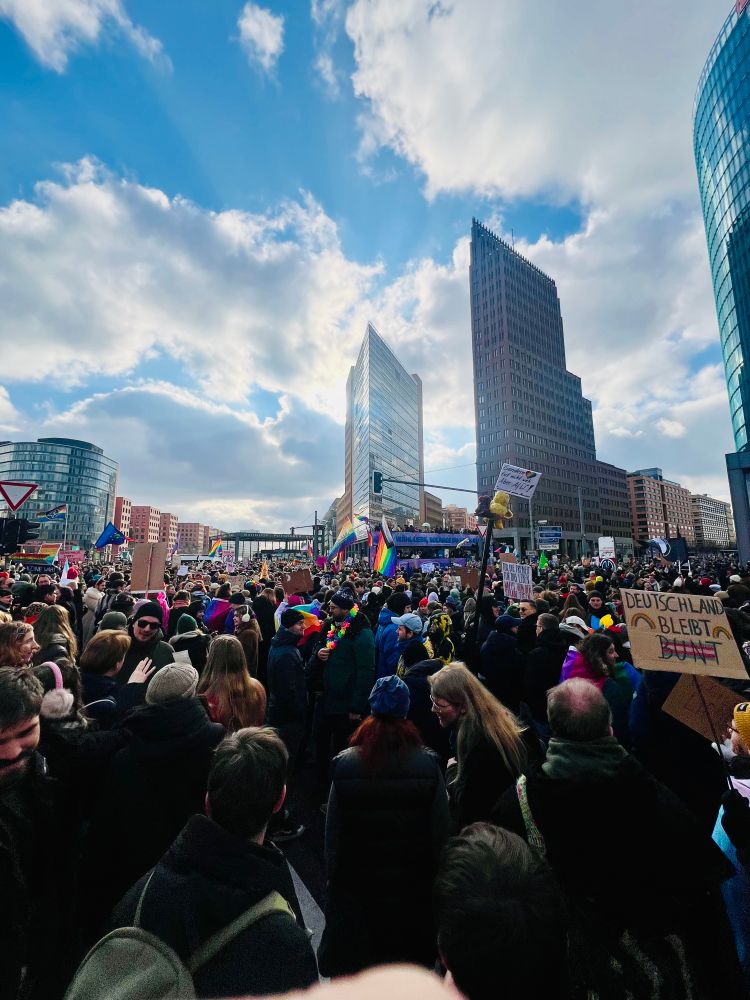 Menschen in einer Demo, viele queere Fahnen und Plakate 