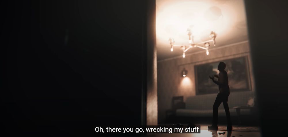 Screengrab from "Breaking up with Adobe" by James Lee (Animation) on YouTube.  The image depicts a man in a living room talking to somebody offscreen  The room features a couch, a framed painting and a chandelier.  A broken lamp lies by the man's feet.

Caption:  Oh, there you go, wrecking my stuff