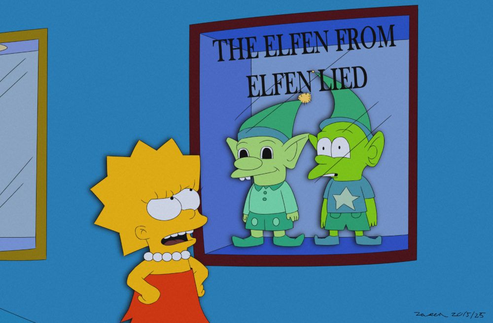 Lisa Simpsons looks disapprovingly at two green elves in a display case.  The text on the glass reads "THE ELFEN FROM ELFEN LIED".