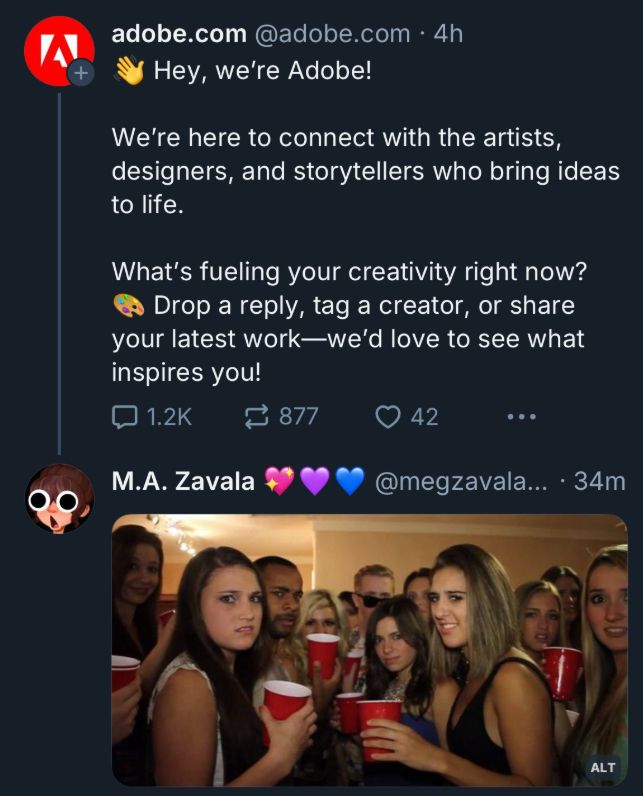Screengrab of Adobe's now-deleted Bluesky post.  Below is a response by M.A. Zavala of a group of partygoers looking towards the camera with nonplussed expressions.
