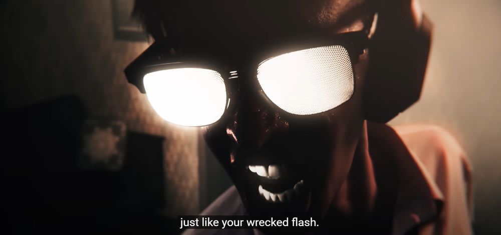 Screengrab from "Breaking up with Adobe" by James Lee (Animation) on YouTube.  The image is a closeup of a man whose face is partially cast in shadow, wearing glasses with glowing lenses that obscure his eyes.

Caption: just like you wrecked flash.