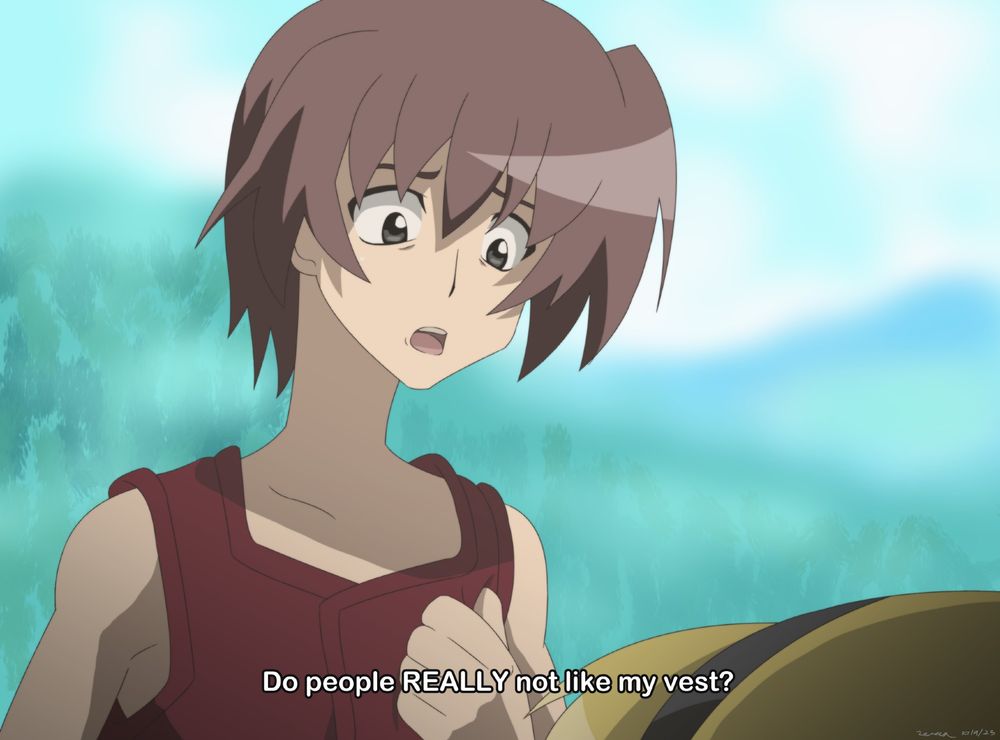 Keiichi Maebara from Higurashi no Naku koro ni looks down at his vest and asks Satoko Houjo (in the foreground), "Do people REALLY not like my vest?"