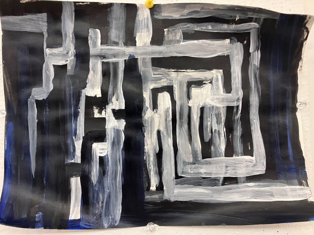 Black and white abstract painting of geometric interlocking and overlapping shapes