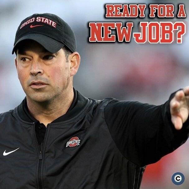 Ohio State football coach Ryan Day wearing a black Ohio State jacket with his arm extended and the caption “Ready for a New Job?” 