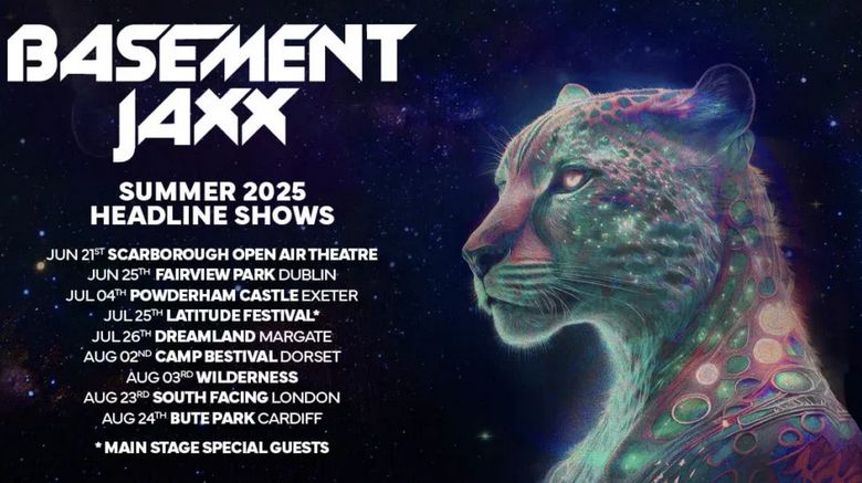 A screenshot of a marketing poster for Basement Jaxx Summer 2025. There is a multicoloured anthropomorphic cheetah over a background of stars next to the gig lineup.