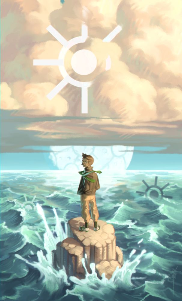 A vertical environmental piece featuring Lorne Ipsum from Subparse.

Lorne here, centralised in the composition, is seen standing on an eroding columbnal basalt rocks standing all alone amidst the chaotic sea waters. The waves batter the rock, resulting in the big and fuzzy splashes around it. 

On the upper half, features large cloud structure, shone by the warm yellow sunlight. Nestled in the clouds, a giant white Octorune peeks through. Silent and watching over Lorne intently. There are also two other smaller Octorunes nearly camouflaged on the water surface.

In the background beyond, between the sea level and cloud lines, a humongous moon frames rises on the horizon, which mysteriously bears a resemblance to the QN3 with the patterns on its surface. One could wonder what came upon our moon - was it the scarred moon...or an artificial remnant of the former moon?