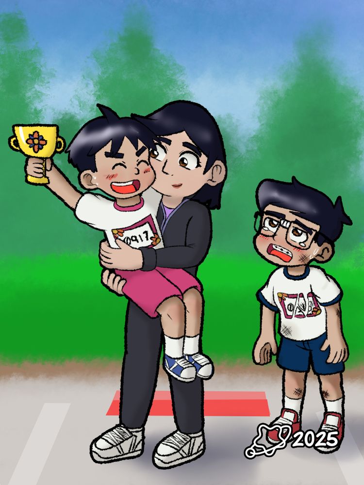 A drawing of little brother Victor, mom and Erick, celebrating a race victory,  from upcoming comic about friendship and normal life.