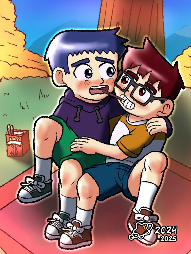 A drawing of Oscar and Roy, both enjoying some picnic snack time at the park.