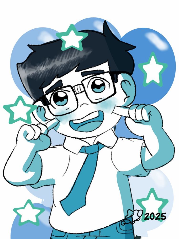 A drawing of a nerd boy looking happy, showing his smile alongside the stars.