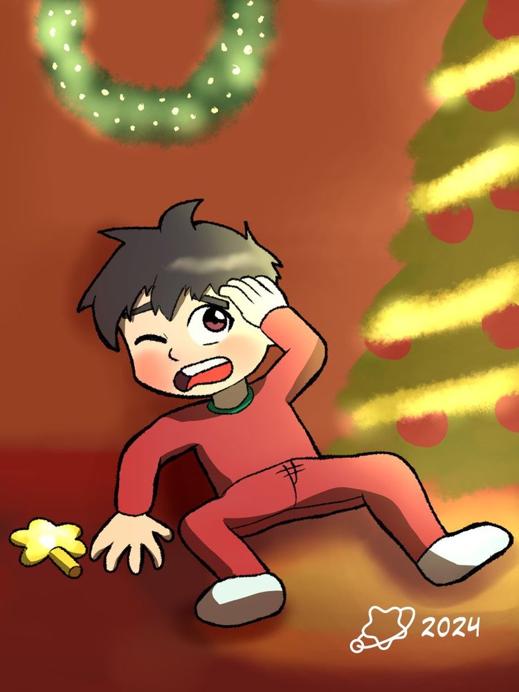 A drawing of a boy fallen to the ground after an attempt of placing a Christmas ornament. Part of the Christmas Day Misfortunes series.