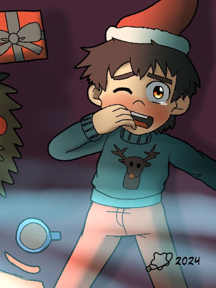 A drawing of a boy waking up after staying beside the Christmas Tree waiting to open presents. Part of the Christmas Day Misfortunes series.