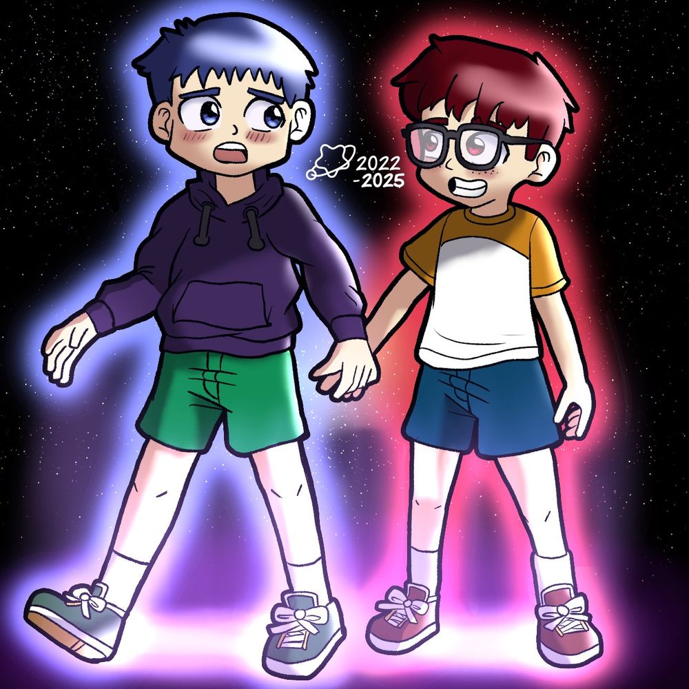 A drawing of Oscar and Roy, walking over the stellar lights.