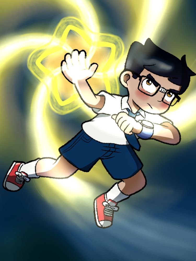 A drawing of a nerd boy gathering the power of the stars into one big one.
