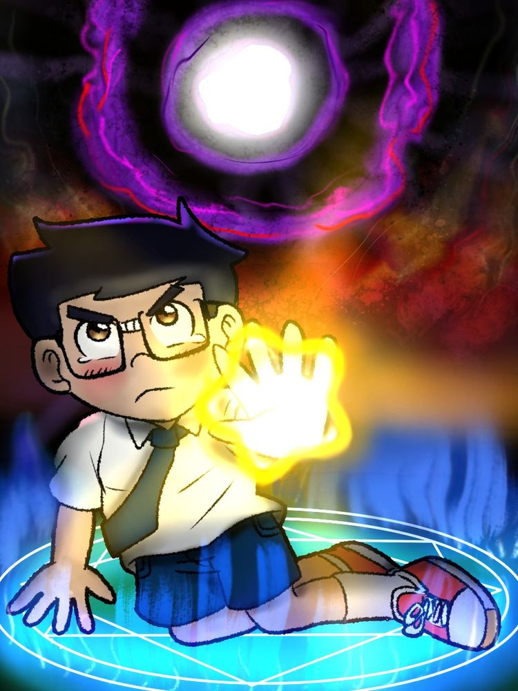 A drawing of a nerd boy unleashing the power of the stars while trying to stand up.