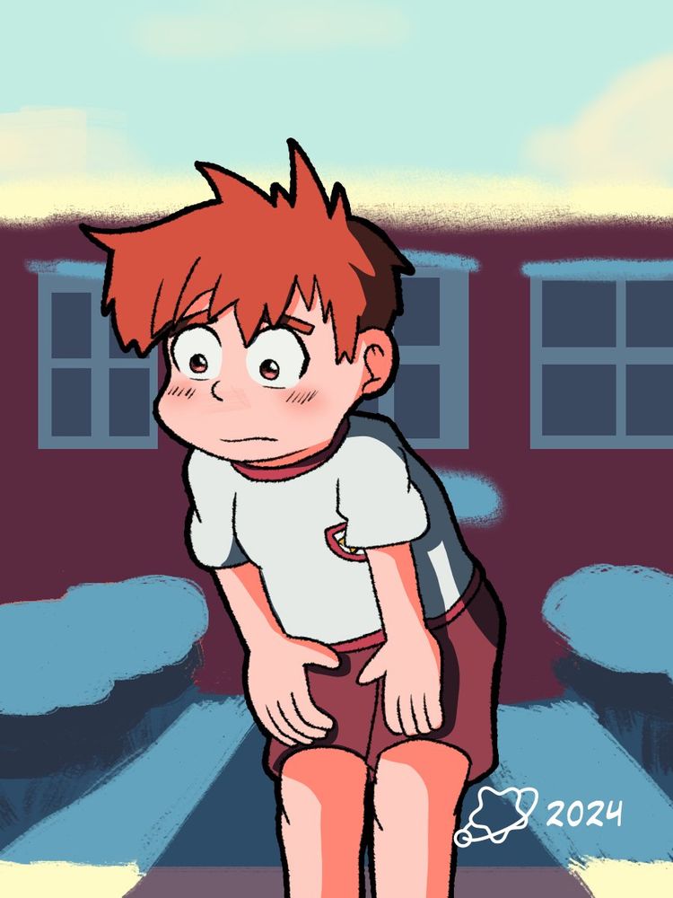 A drawing of a boy staying outside of the shadow of a school building. Part of the Christmas Day Misfortunes series.