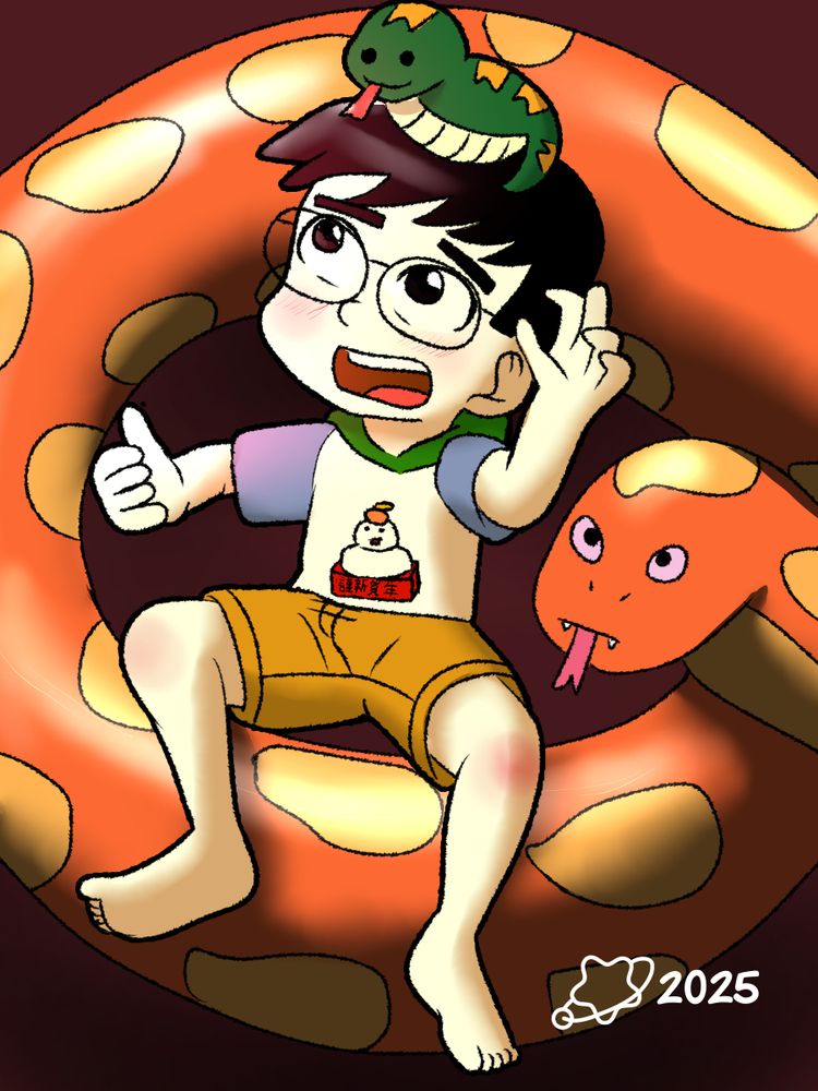 A drawing of Naoki, celebrating New Year in a Japanese setting , the year of the snake.